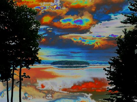 Wallpaper Landscape Painting Sunset Bay Water Reflection Sky
