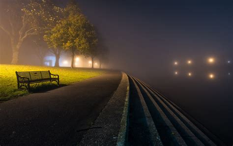 Wallpaper Park Night Road Bench Trees Fog 1920x1200 Hd Picture Image