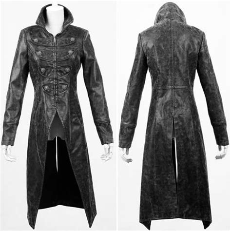 Black Leather Military Gothic Style Long Jackets Trench Coats For