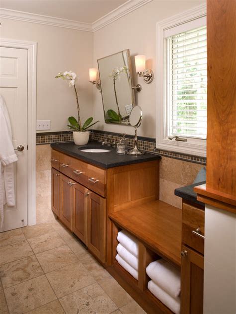 Large bath towels hang neatly on hooks designated with the initials of each user. Houzz | Bathroom Bench Design Ideas & Remodel Pictures