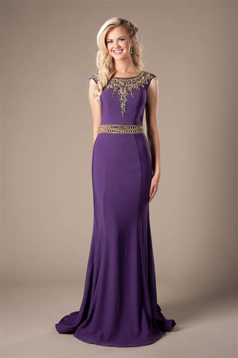 Purple Mermaid Long Modest Prom Dresses Elegant Gold Beaed Sweep Train