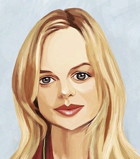 A Painting Of A Woman With Long Blonde Hair Wearing A Red Shirt And