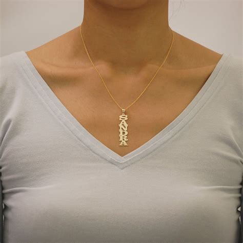 K Or K Yellow Or White Solid Gold Personalized Vertical Name Pendant Necklace Laser Cut NN
