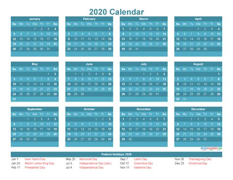 Free 2020 12 Month Calendar Printable Pdf Excel Image