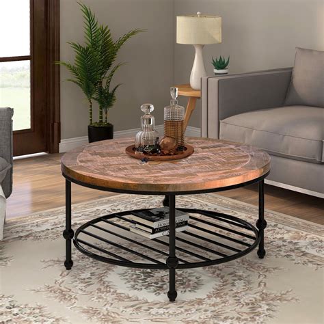Rustic Natural Round Coffee Table With Storage Shelf For Living Room