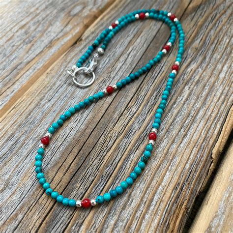 Genuine Turquoise And Coral Beaded Necklace Turquoise Etsy