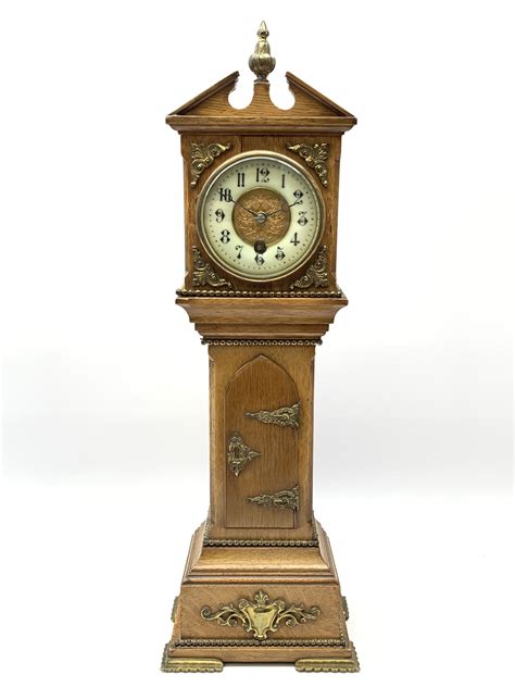 Late 19th Century Oak Miniature Longcase Timepiece Clock Sloped Pediment With Central Finial