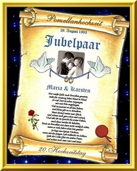 Hochzeitstag stellt einen wichtigen meilenstein für ein junges ehepaar dar. 20.Hochzeitstag - Urkunde als Glückwunschkarte