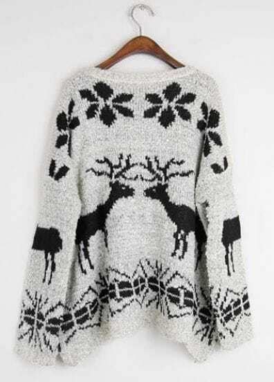 Beige Batwing Long Sleeve Deer Print Sweater Sheinsheinside