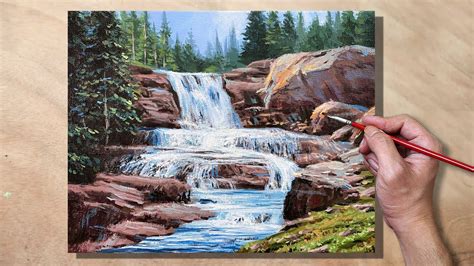 Acrylic Painting Forest Stream Waterfall Landscape Youtube