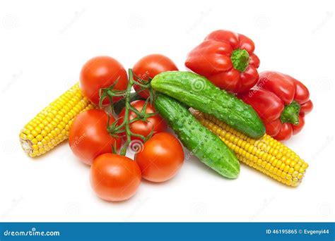 Tomatoes Cucumbers Corn And Sweet Peppers On A White Background Stock