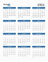 1911 Calendar (PDF, Word, Excel)