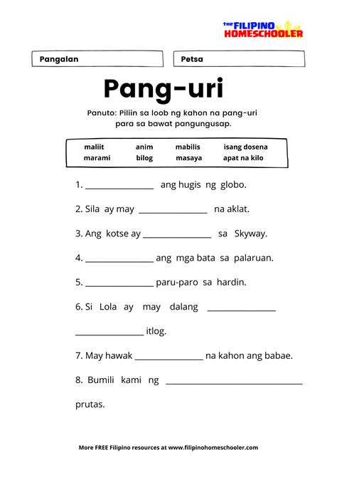 Mga Uri Ng Pang Uri Worksheets The Filipino Homeschooler Panguri Porn