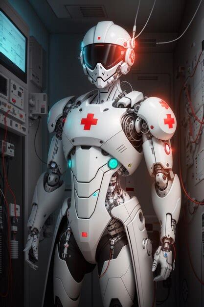 Premium Ai Image Futuristic White Medical Robot Standing In A Dark Room