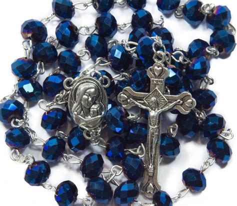 Deep Blue Crystal Beads Rosary Catholic Necklace Holy Soil Medal