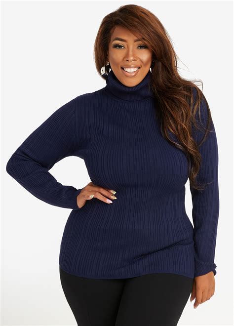 Plus Size Chic Rib Knit Lightweight Stretch Sleek Turtleneck Sweater