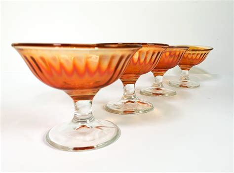 4 Vintage Marigold Amber Sherbet Champagne Glasses W Clear Stems And Soft Panels Set Retro
