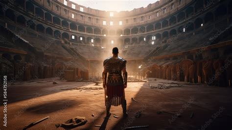 Ancient Roman Gladiator Standing On The Arena In Front Of A Crowd In A