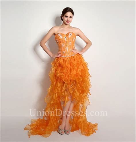 Sparkly High Low Strapless Orange Organza Ruffle Prom Dress Corset Back