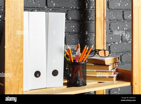 File Folders Standing On The Shelves At Office Stock Photo Alamy