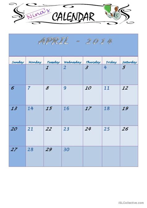April 2014 Calendar English Esl Worksheets Pdf And Doc