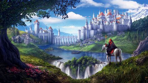 Download River Town Waterfall Wizard Horse Landscape Fantasy Castle Hd