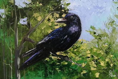 Crow Original Oil Painting Crow On A Branch Art Painting Bird Etsy