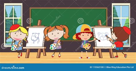 Niños En Clase De Dibujo En La Escuela Ilustración Del Vector