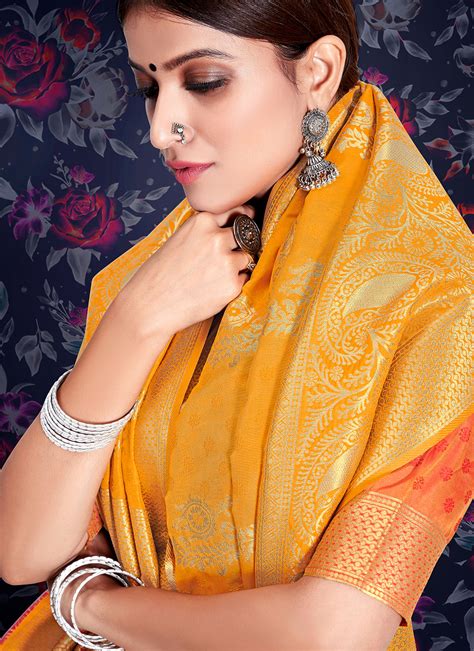 Ceremonial Silk Yellow Weaving Designer Saree