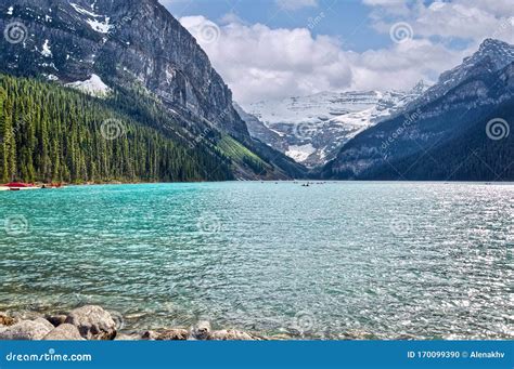 The Beautiful Turquoise Glacial Lake Louise In Banff National Park