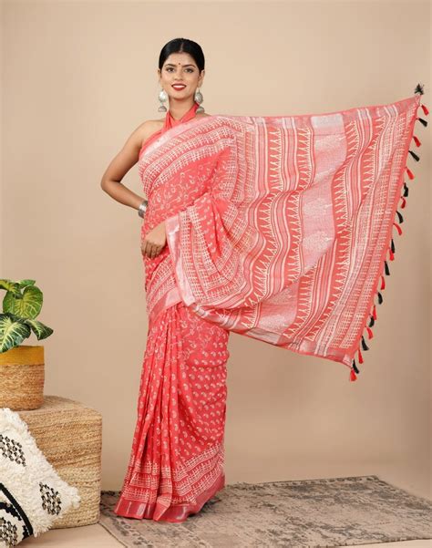 shivanya handicrafts women s linen hand block printed saree with blouse piece cl 028 at rs 650