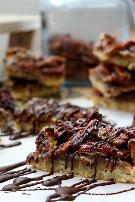 These pecan pie bars have caramelized topping on a shortbread crust, for the perfect nut bar. Chocolate Drizzled Pecan Pie Bars Recipe | Food Apparel