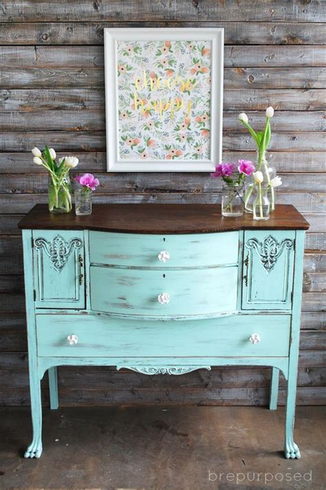 Chalky Finish Mint And Floral Buffet Furniture Makeover