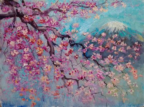 Japanese Sakura Painting Blossom Cherry Painting Mount Fuji Etsy