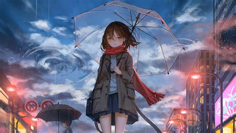 1360x768 Anime Girl Walking In Rain With Umbrella 4k