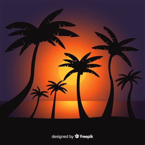 Free Vector Beach Sunset With Palm Silhouettes