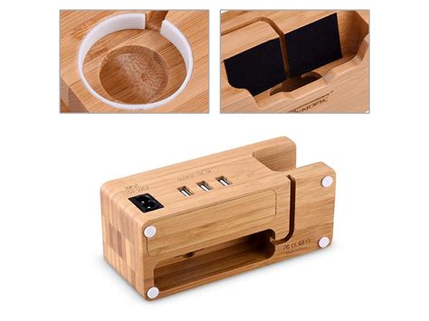 Bamboo Wood Usb Charging Stand Phone Stand With 3 Usb Port Charging