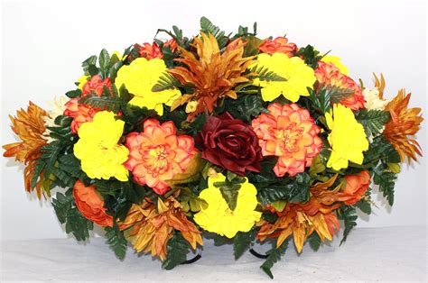 Artificial red carnations, white daisies and blue mum faux flowers offer nonstop color. XL Fall Artificial Silk Flower Cemetery Tombstone Grave ...