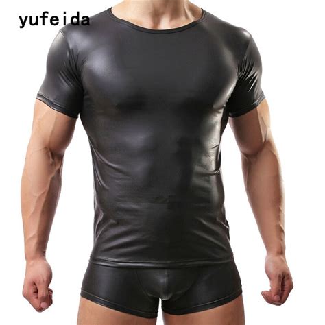 YUFEIDA Fashion Men S T Shirt Sexy Underwear Faux Leather O Neck Short