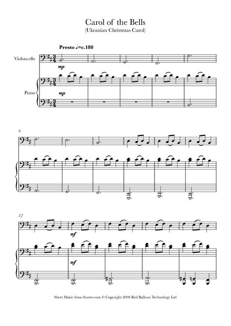 Download and print top quality christmas carols, coll.3 sheet music for alto saxophone and piano. Carol of the Bells Sheet music for Cello - 8notes.com