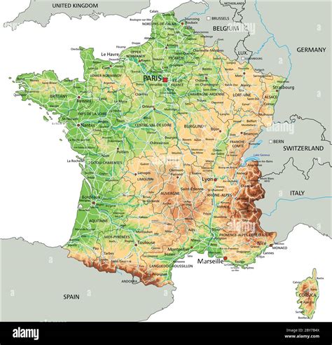 High Detailed France Physical Map With Labeling Stock Vector Image