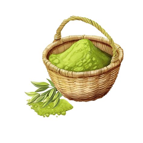 Matcha Powder In Wicker Basket Watercolor Illustration Powder Green