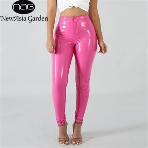 newasia plus size high waist pink pu leather womens pink leather trousers black faux leather
