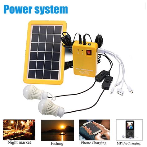 Solar Panel Power Generator Storage 2 Led Light Bulb Usb Charger Home System Home And Garden