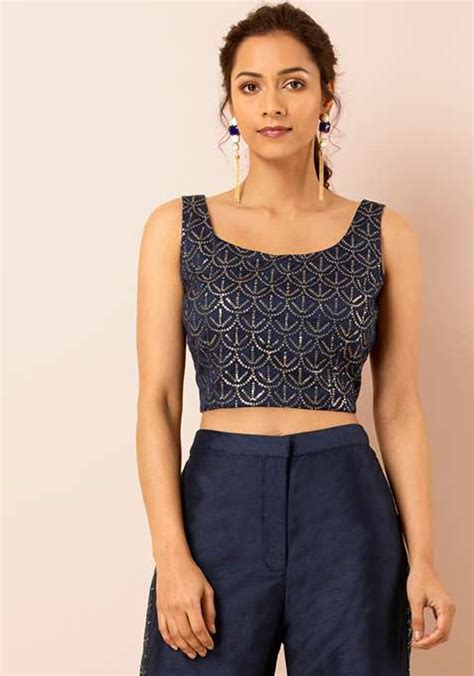 Buy Women Navy Sequin Embroidered Sleeveless Crop Top Feed Blouse Indya