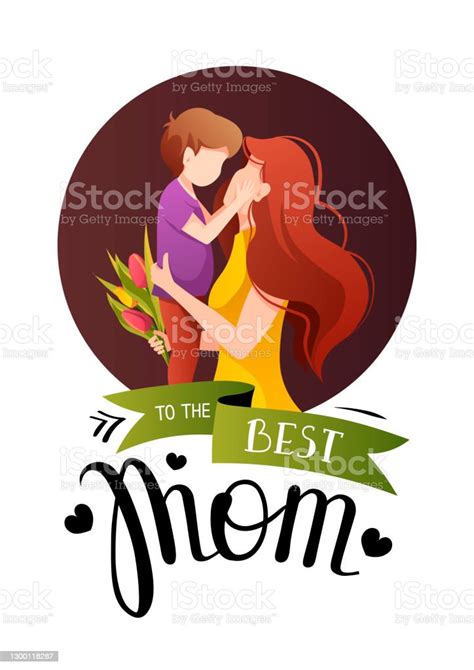 Happy Mothers Day Greeting Card Design Mother With Tulips Hugging Her