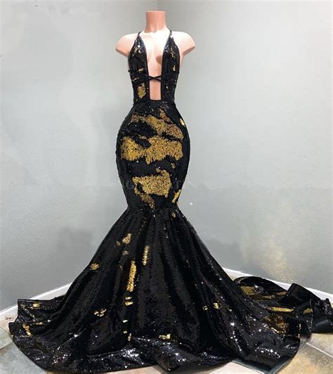 Deep V Neck Backless Black And Gold Mermaid Prom Dresses 2020 Sparkly