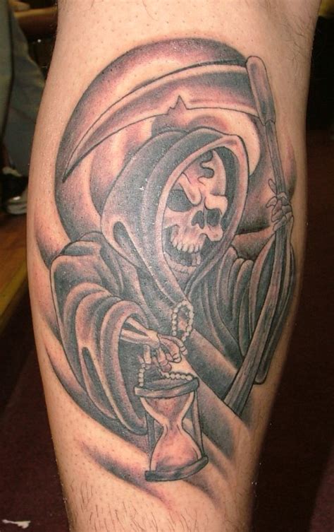 Impressive Grey Ink Grim Reaper Tattoo On Leg