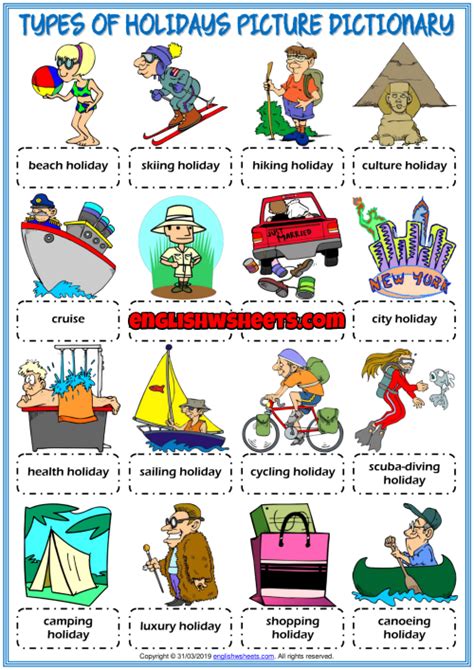 Holiday Types Esl Picture Dictionary Worksheet For Kids