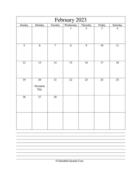 Editable Calendar February 2023